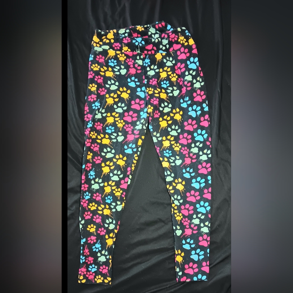 3/10 Lularoe Leggings Cat Dog Paws TC Tall Black Yellow Blue Red Animal Print
